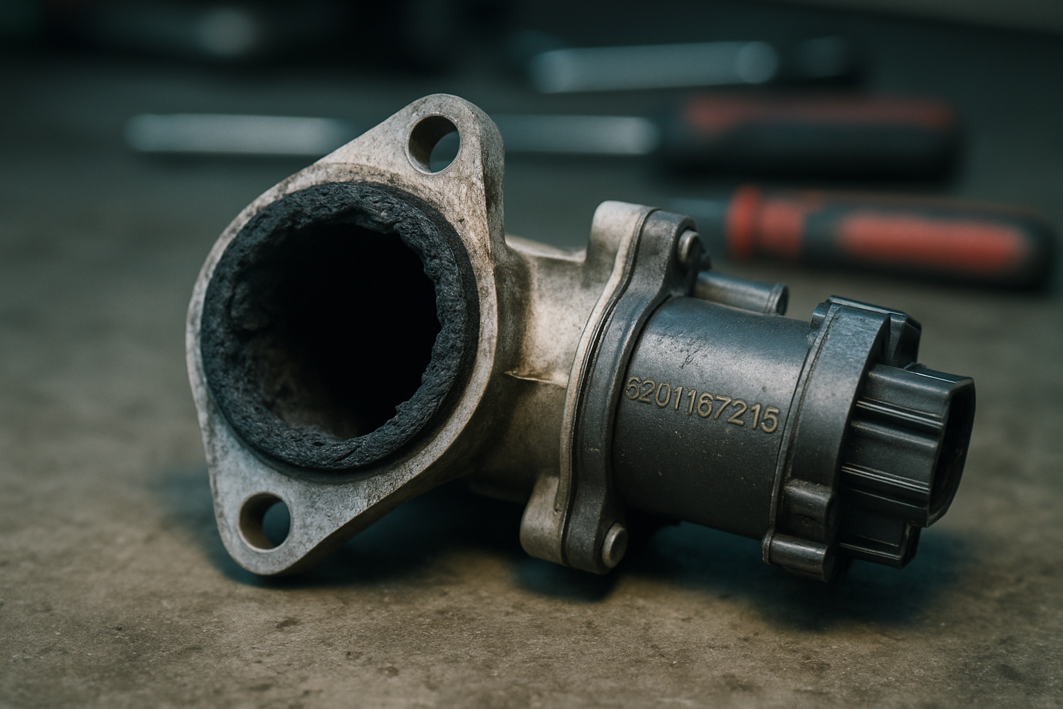 a heavily carbon-fouled EGR valve reference 8201167216 removed from a Renault Master III diesel engine