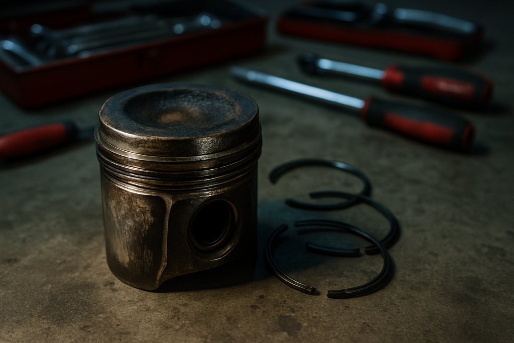 a worn piston with damaged piston rings removed from a Renault 1.5 dCi K9K engine