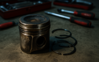 a worn piston with damaged piston rings removed from a Renault 1.5 dCi K9K engine