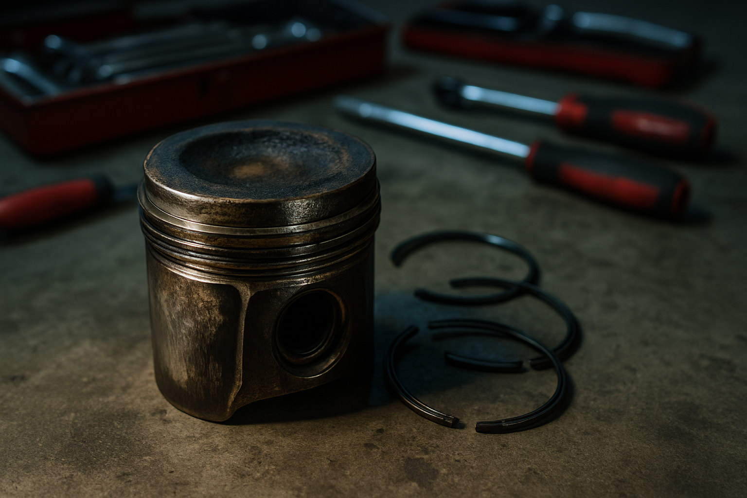 a worn piston with damaged piston rings removed from a Renault 1.5 dCi K9K engine