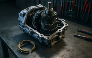 disassembled Renault TL4 gearbox with broken 3rd gear synchronizer ring and damaged gear teeth on a metal workbench