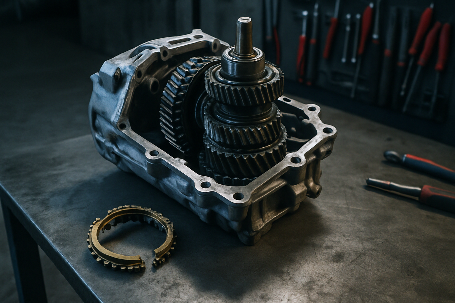 disassembled Renault TL4 gearbox with broken 3rd gear synchronizer ring and damaged gear teeth on a metal workbench