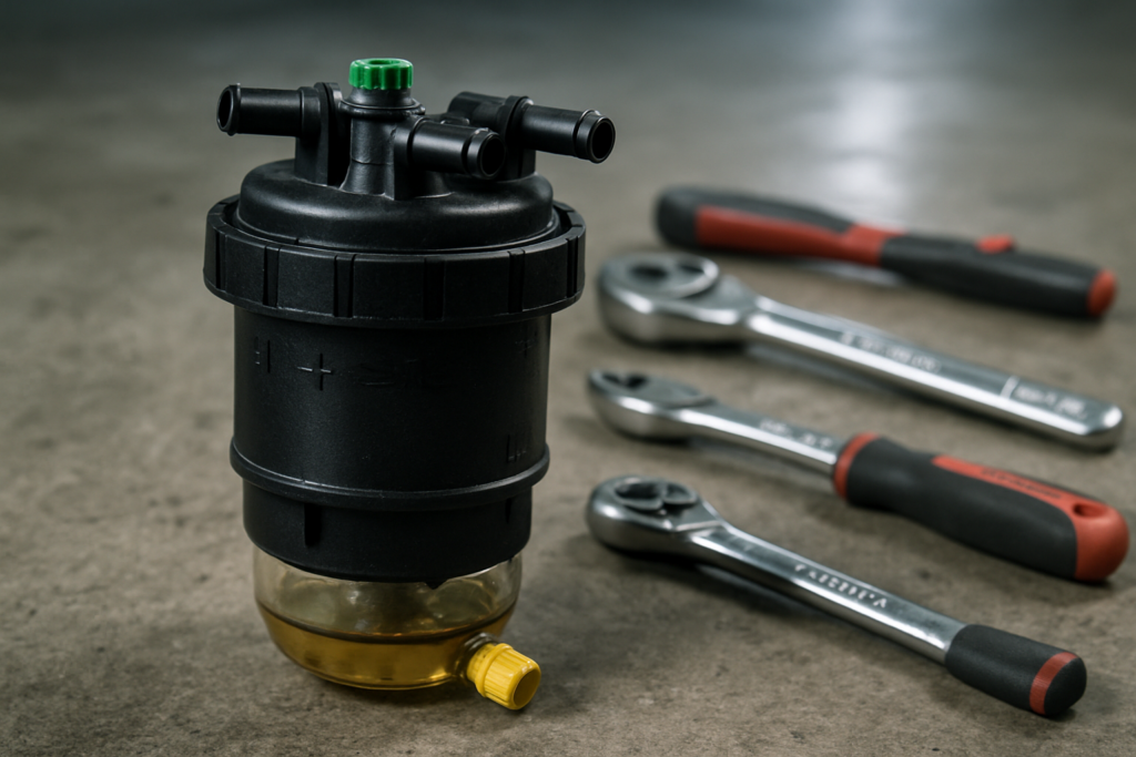 Renault Kangoo 1.5 dCi fuel filter ref 164037099R with water visible in the filter bowl