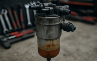 diesel fuel filter decanter with visible water contamination and rust traces from a Ford Transit 2.2 TDCi