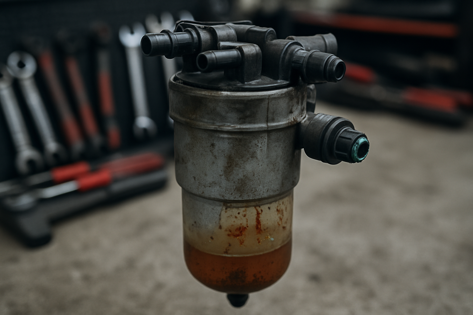 diesel fuel filter decanter with visible water contamination and rust traces from a Ford Transit 2.2 TDCi