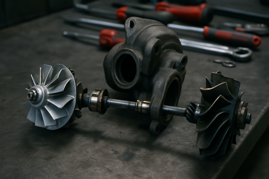 a disassembled turbocharger with worn shaft bearings from a diesel engine on a steel workbench