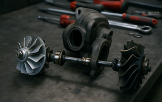a disassembled turbocharger with worn shaft bearings from a diesel engine on a steel workbench