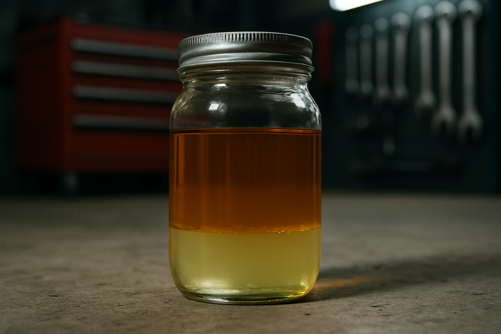 a clear glass jar showing fuel sample with visible water separation layer at the bottom
