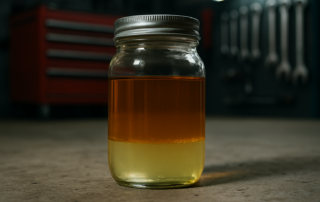a clear glass jar showing fuel sample with visible water separation layer at the bottom