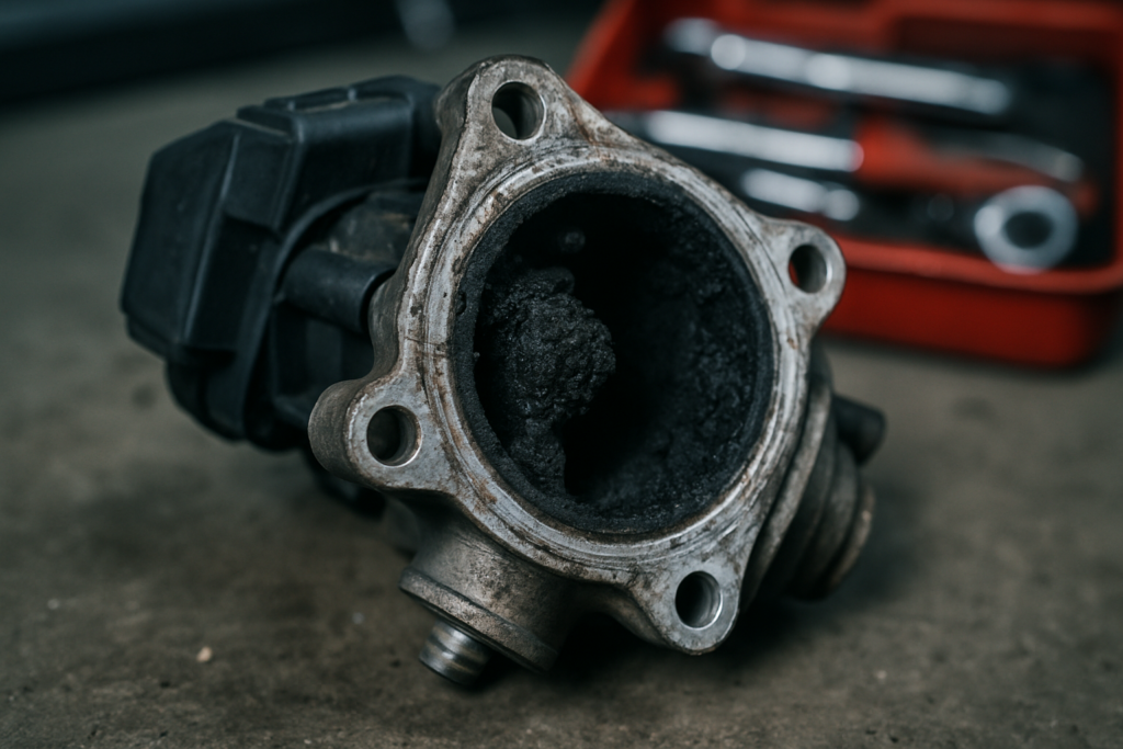 heavily carbon-fouled EGR valve from a Fiat Doblo 1.6 Multijet diesel engine