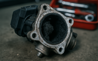 heavily carbon-fouled EGR valve from a Fiat Doblo 1.6 Multijet diesel engine
