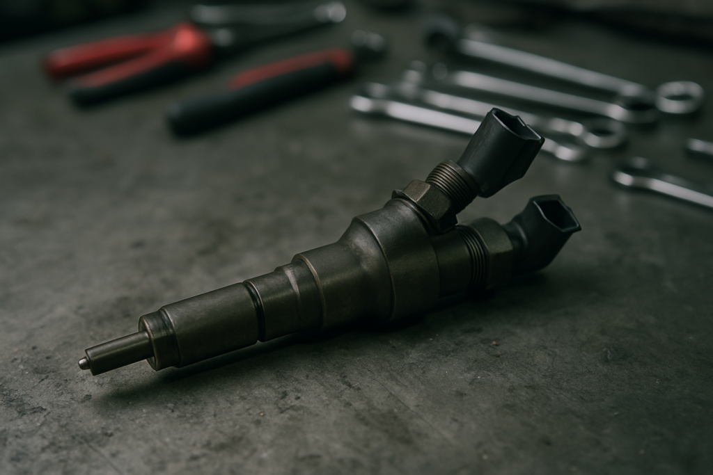 Bosch common rail injector removed from a PSA DW10ATED4 diesel engine on a workbench