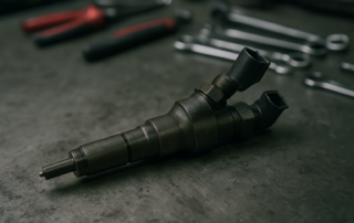 Bosch common rail injector removed from a PSA DW10ATED4 diesel engine on a workbench