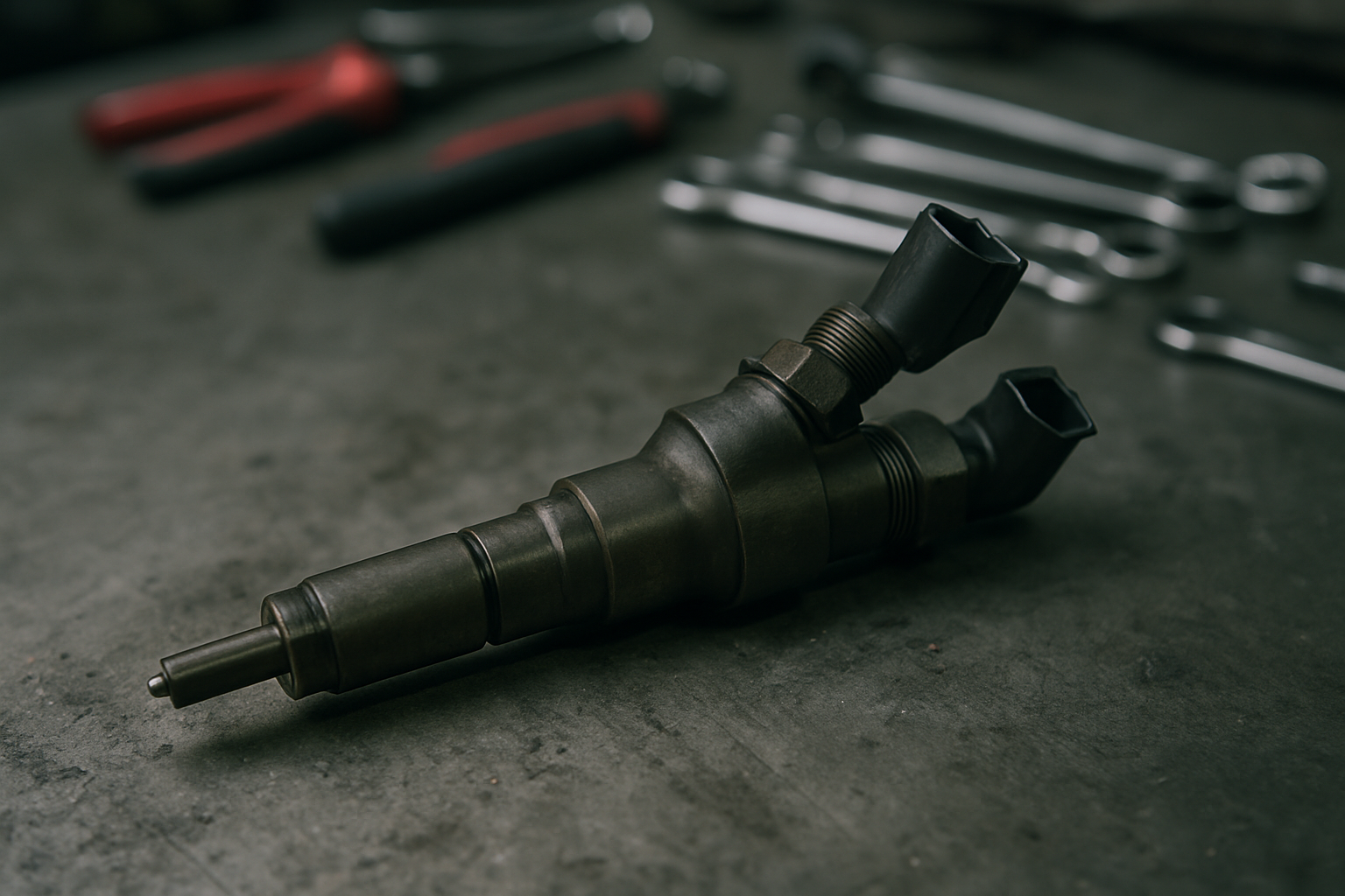 Bosch common rail injector removed from a PSA DW10ATED4 diesel engine on a workbench