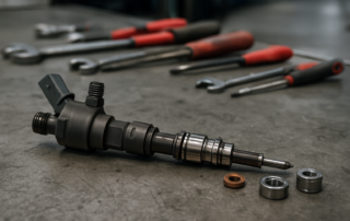 a disassembled Bosch Common Rail diesel injector for a Fiat 1.3 Multijet engine lying on a workbench