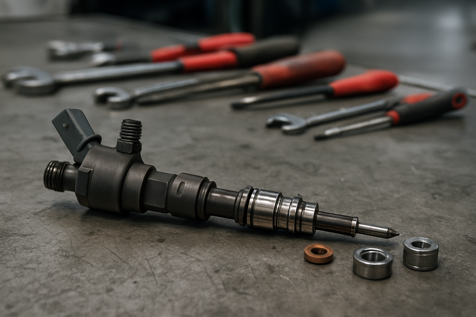 a disassembled Bosch Common Rail diesel injector for a Fiat 1.3 Multijet engine lying on a workbench