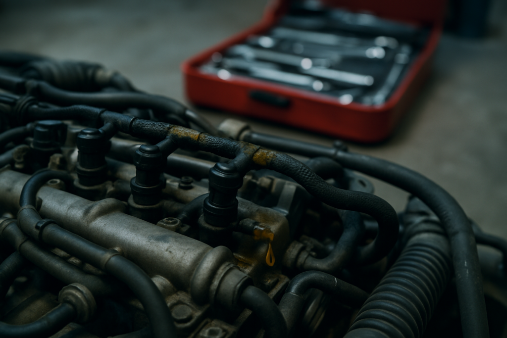 diesel injector return fuel line with visible diesel leak on a Fiat 2.0 HDI engine