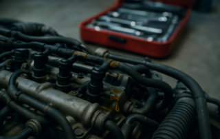 diesel injector return fuel line with visible diesel leak on a Fiat 2.0 HDI engine