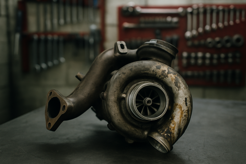 BMW M57 diesel engine turbocharger removed and placed on a workbench with oil residue visible on the compressor housing
