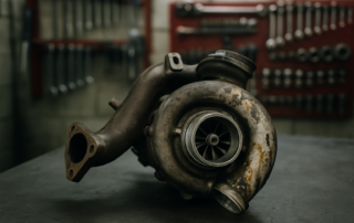 BMW M57 diesel engine turbocharger removed and placed on a workbench with oil residue visible on the compressor housing