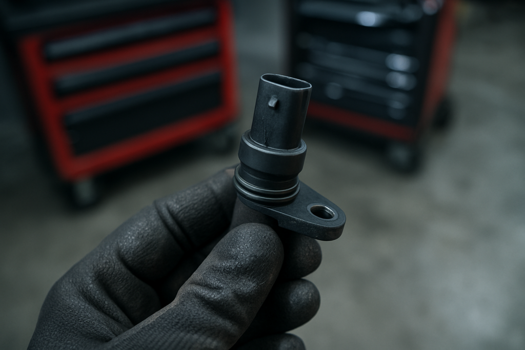 camshaft position sensor for BMW N47 diesel engine held by a mechanic's hand