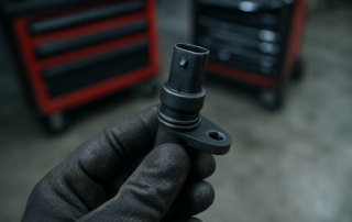 camshaft position sensor for BMW N47 diesel engine held by a mechanic's hand
