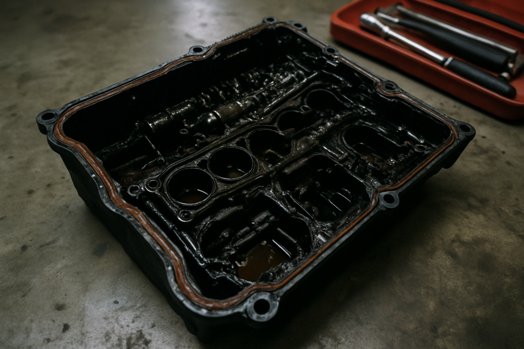 BMW N47 engine valve cover removed showing oil-soaked gasket and sludge deposits
