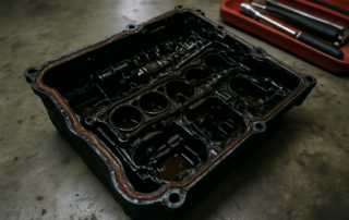 BMW N47 engine valve cover removed showing oil-soaked gasket and sludge deposits