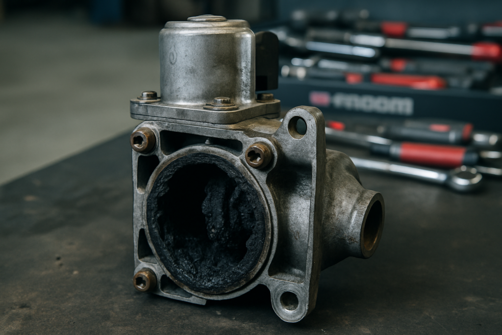 a clogged EGR valve removed from a BMW N47 diesel engine placed on a workbench