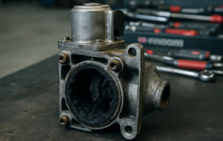 a clogged EGR valve removed from a BMW N47 diesel engine placed on a workbench