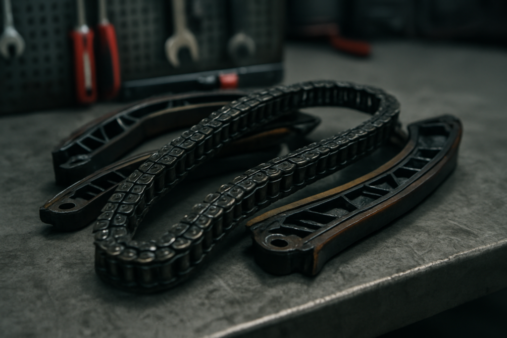 worn timing chain and guide rails from a BMW N47 diesel engine laid on a workbench