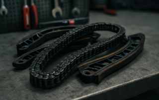 worn timing chain and guide rails from a BMW N47 diesel engine laid on a workbench