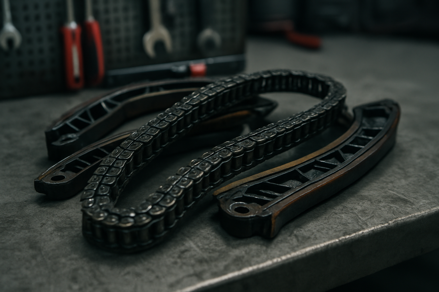 worn timing chain and guide rails from a BMW N47 diesel engine laid on a workbench