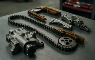 BMW N47 diesel engine oil pump and timing chain components laid out on a workbench