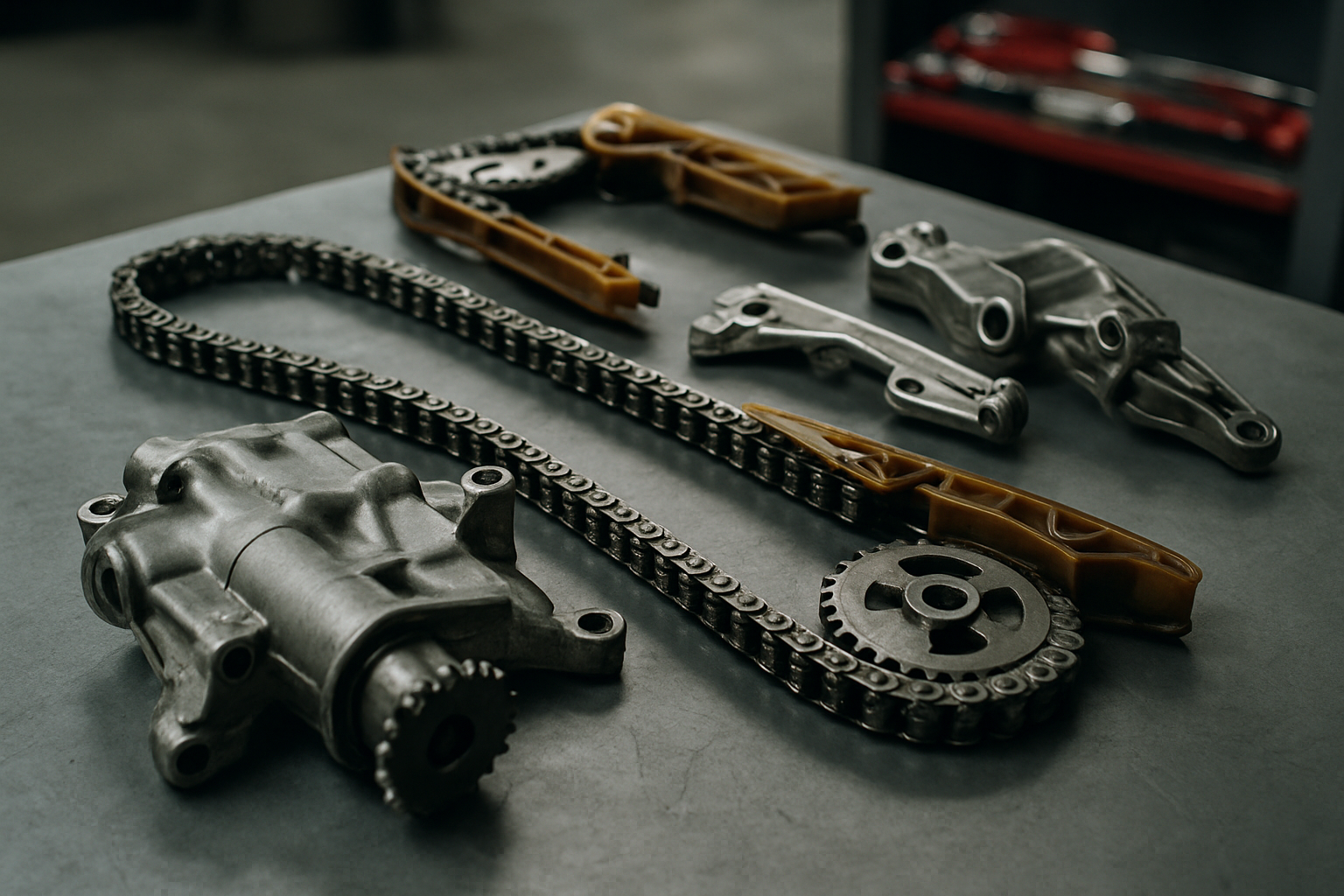 BMW N47 diesel engine oil pump and timing chain components laid out on a workbench