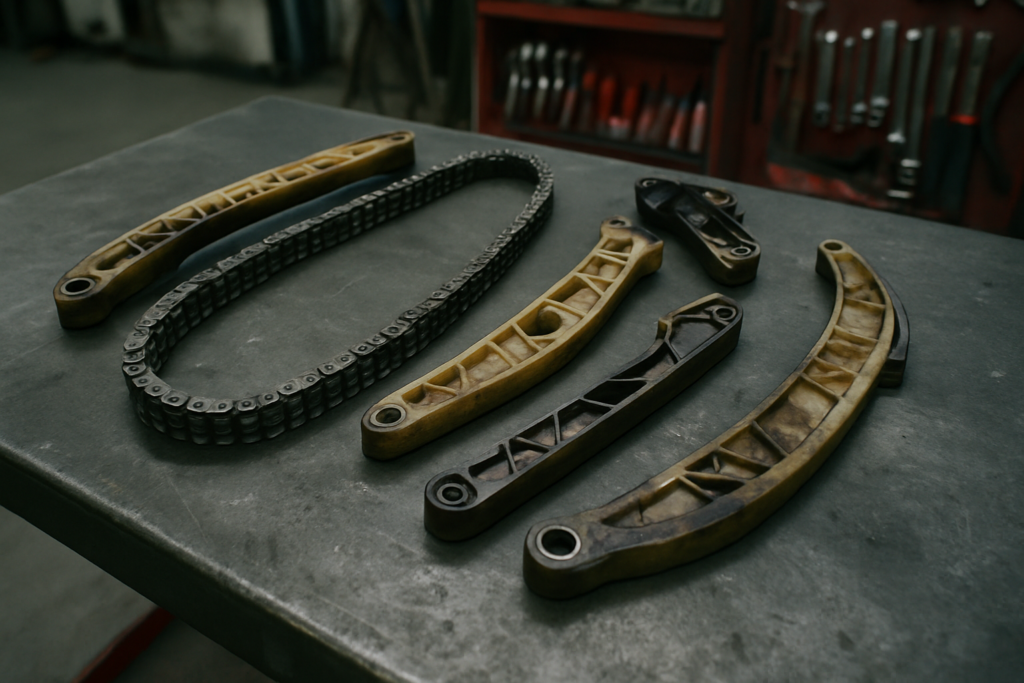 BMW N57 3.0 diesel timing chain and worn plastic guides laid out on a workbench