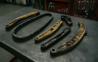 BMW N57 3.0 diesel timing chain and worn plastic guides laid out on a workbench