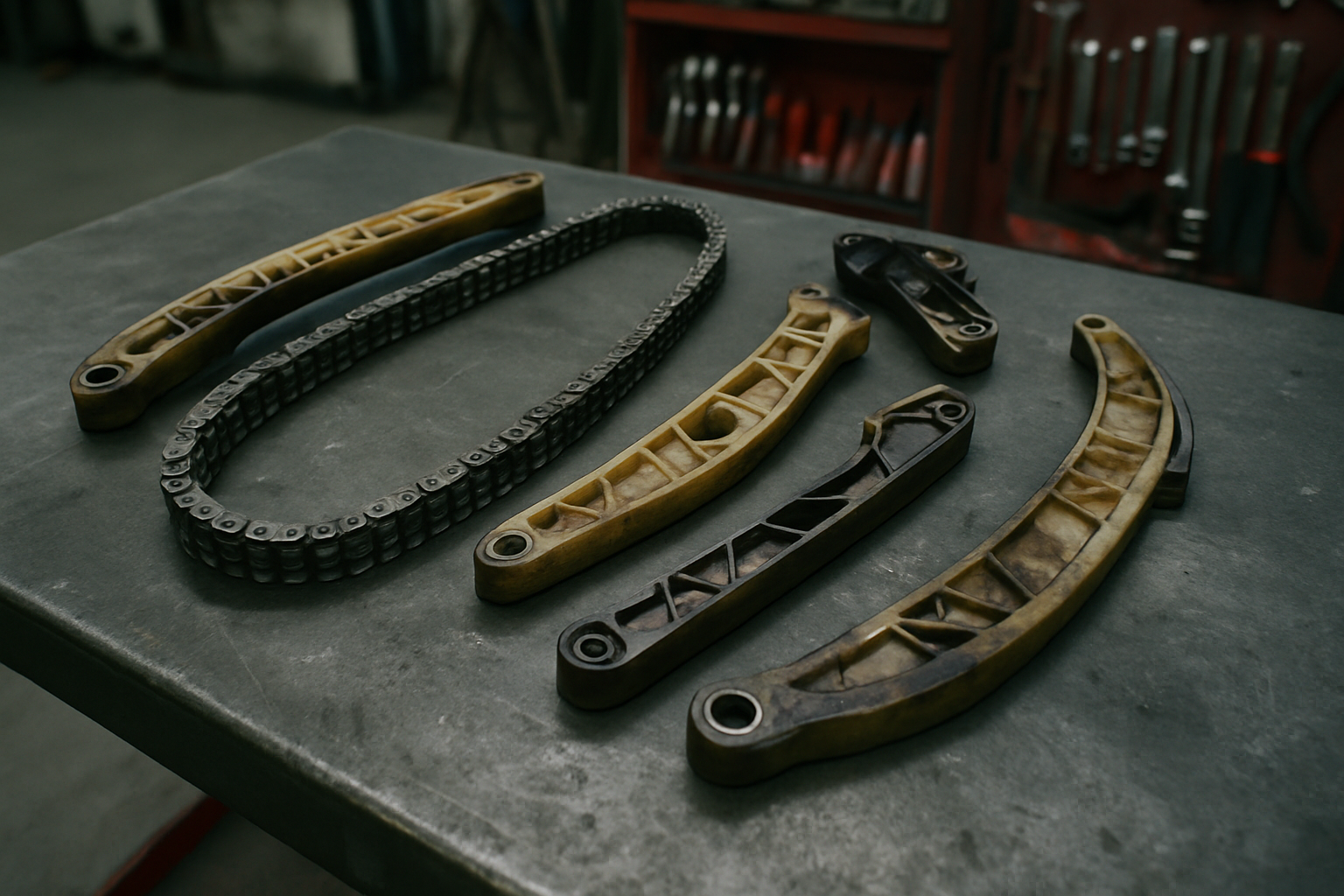 BMW N57 3.0 diesel timing chain and worn plastic guides laid out on a workbench