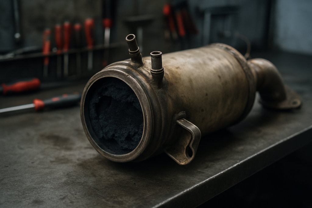 clogged diesel particulate filter from a BMW 320d removed and placed on a workbench