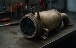 clogged diesel particulate filter from a BMW 320d removed and placed on a workbench