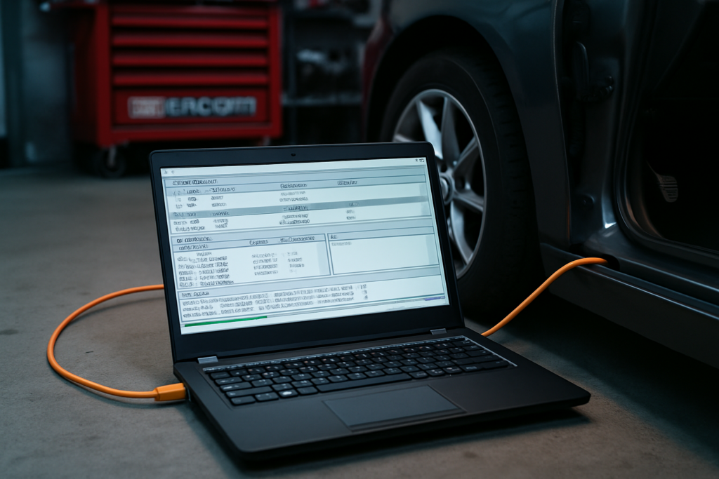 laptop displaying BMW F-Series ECU coding software connected via ENET cable to a car diagnostic port