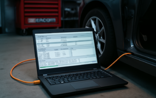 laptop displaying BMW F-Series ECU coding software connected via ENET cable to a car diagnostic port