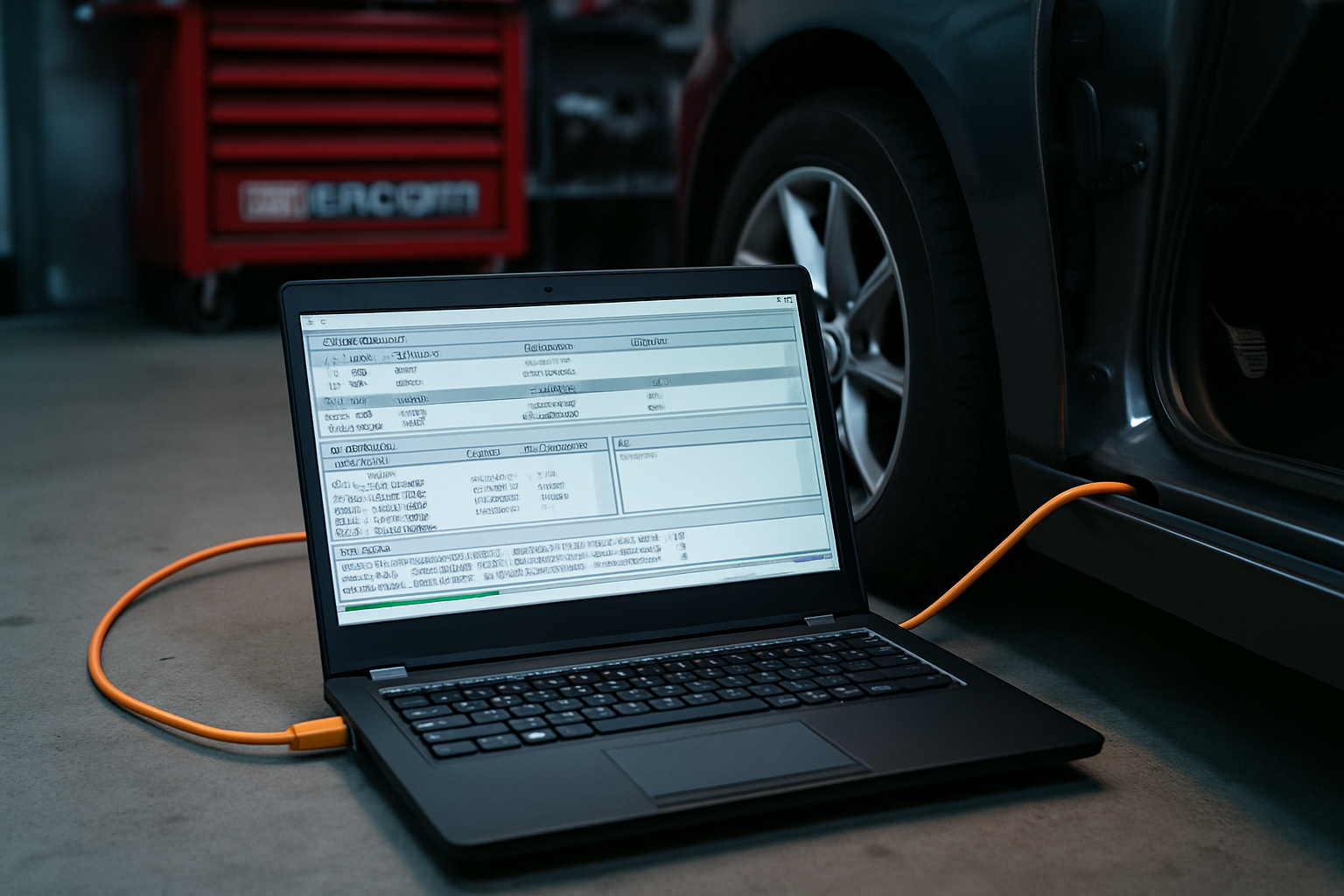 laptop displaying BMW F-Series ECU coding software connected via ENET cable to a car diagnostic port