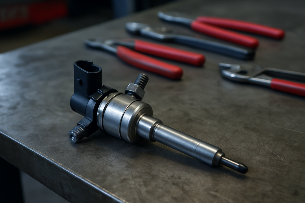 BMW N55 direct injection high-pressure fuel injector removed and laid on a metal workbench
