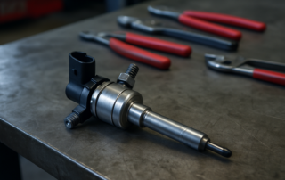 BMW N55 direct injection high-pressure fuel injector removed and laid on a metal workbench