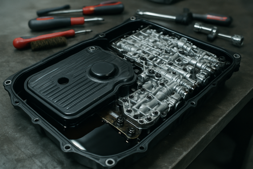 ZF 8HP automatic gearbox oil pan removed on a workbench showing internal filter and valve body