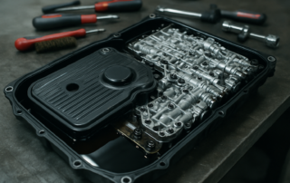 ZF 8HP automatic gearbox oil pan removed on a workbench showing internal filter and valve body