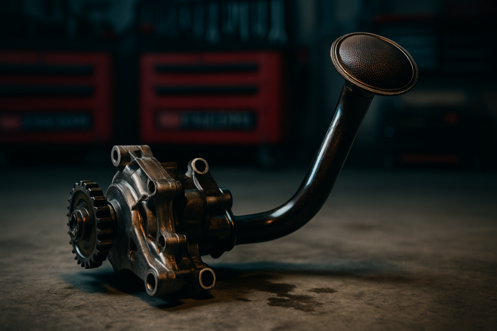 oil pump and oil strainer removed from a Ford 1.0 EcoBoost engine