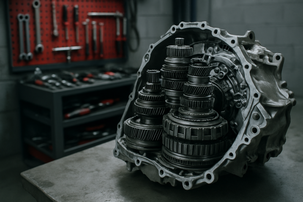 Ford Powershift dual-clutch transmission disassembled on workbench