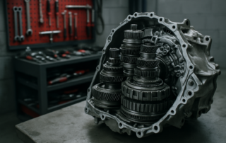 Ford Powershift dual-clutch transmission disassembled on workbench